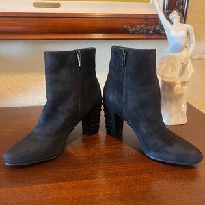 Anne Klein Genuine Suede Black Ankle Booties with Chunky decorative heel.